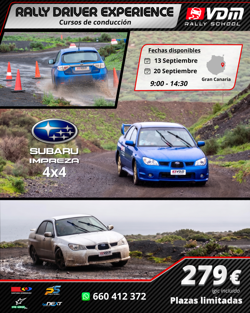 Cartel Rally Driver Experience 13 o 20 septiembre Gran Canaria Subaru Impreza 4x4 279 euros