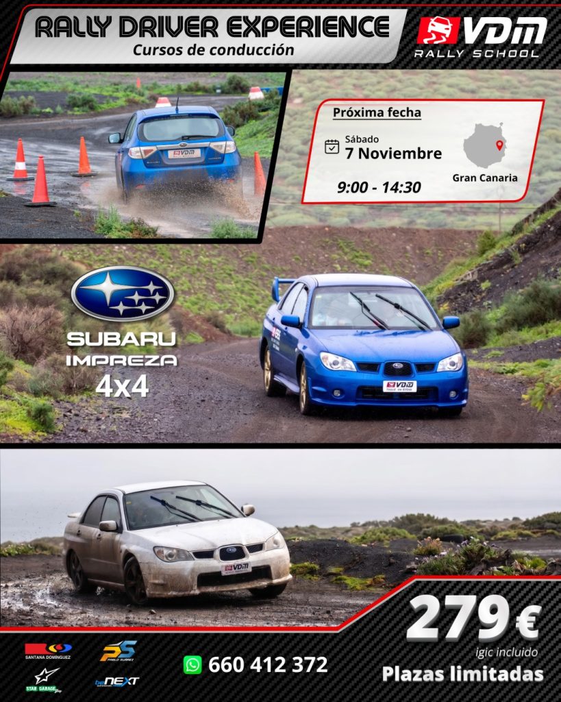 Cartel Rally Driver Experience sábado 7 noviembre Gran Canaria Subaru Impreza 4x4 279 euros